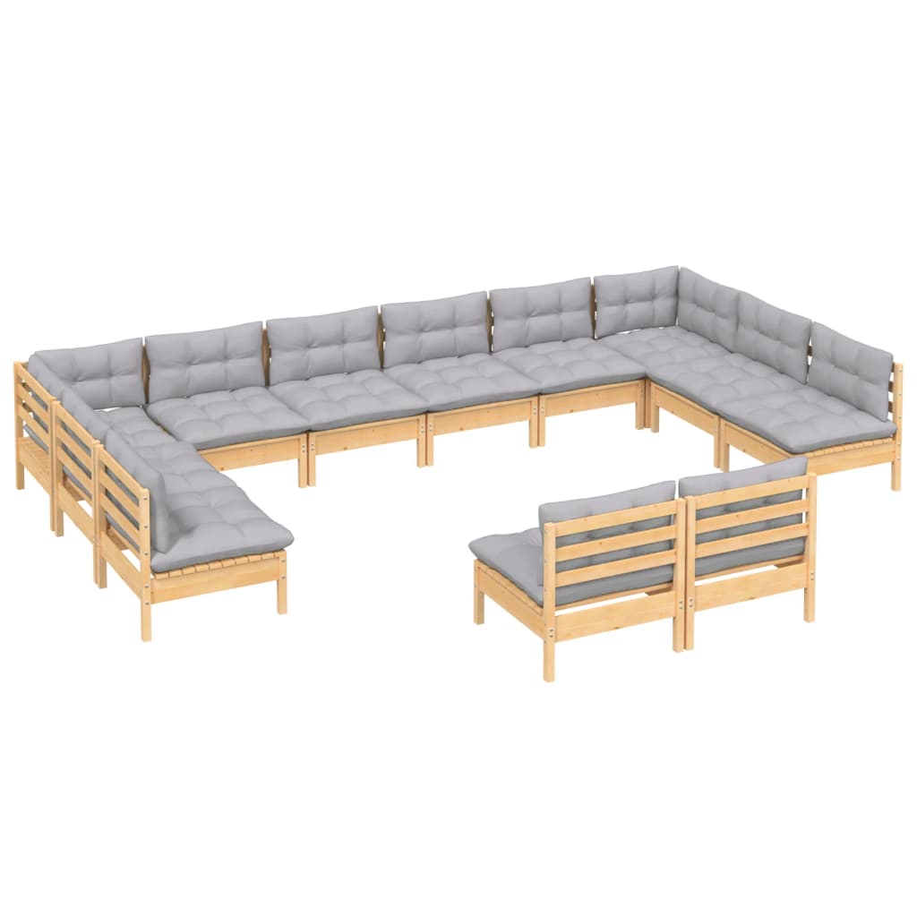 12-tlg. Garten-Lounge-Set mit Grauen Kissen Kiefer Massivholz